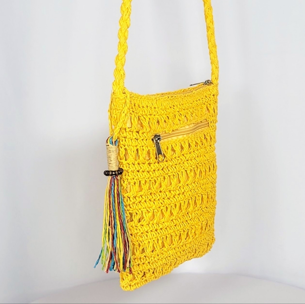 Delia’s Yellow Crochet Crossbody Bag Tassel Boho Festival Summer Purse - Picture 4 of 8
